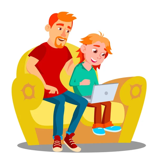 Father And Son Using Laptop On The Sofa Vector. Isolated Illustration — Stock Vector