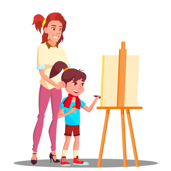 Mutter und Tochter beim Malen auf der Staffelei. Vereinzelte Illustration — Stockvektor