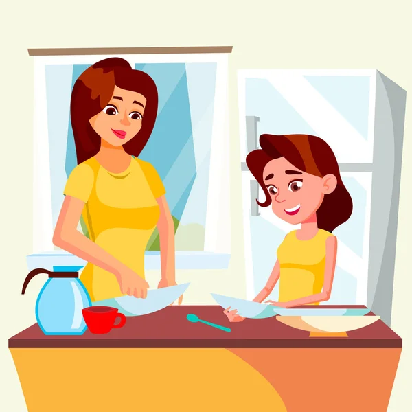 Little Girl Helping Mother Wash Dishes In Kitchen Vector. Isolated Illustration — Stock Vector