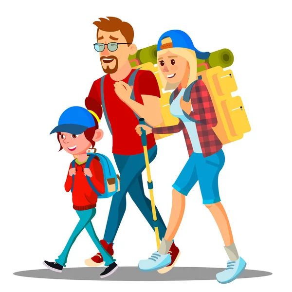 Familia Ir a acampar con mochilas en sus espaldas Vector. Ilustración aislada — Vector de stock