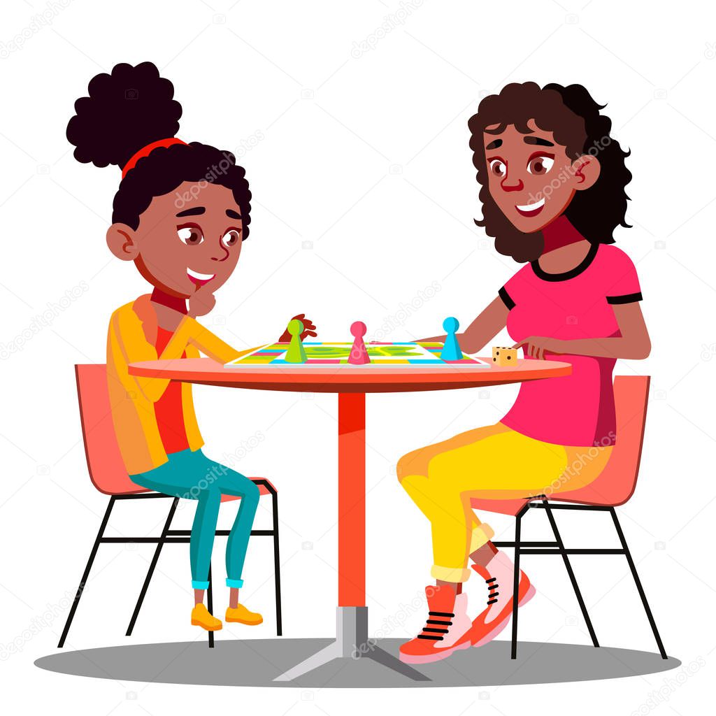 Mother And Daughter Playing A Board Game Together Vector. Isolated Illustration
