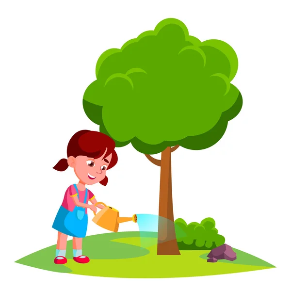 Κορίτσι παιδί πότισμα δέντρο, γη ημέρα έννοια διάνυσμα. Απομονωμένη εικονογράφηση — Διανυσματικό Αρχείο