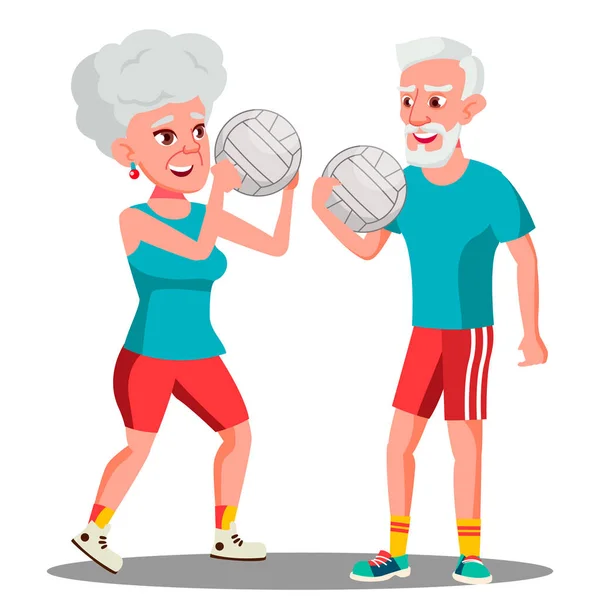 Active Elderly Man And Woman Playing Ball Vector. Isolated Illustration — Stock Vector