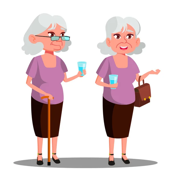 Vieja moderna con un vaso en la mano Vector. Ilustración aislada — Archivo Imágenes Vectoriales