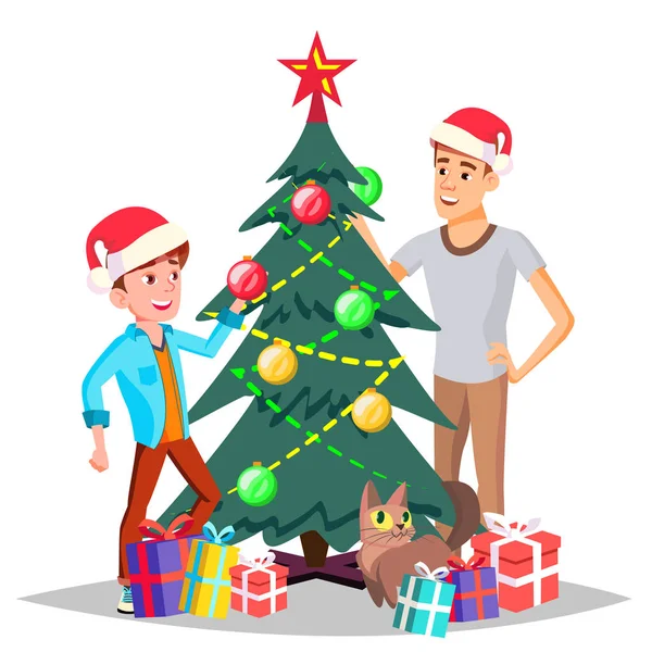 Apa és fia, A karácsonyfa vektoros díszítő. Elszigetelt illusztráció — Stock Vector