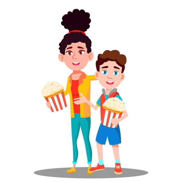 Jongen en meisje met Popcorn In handen Vector. Geïsoleerde illustratie — Stockvector