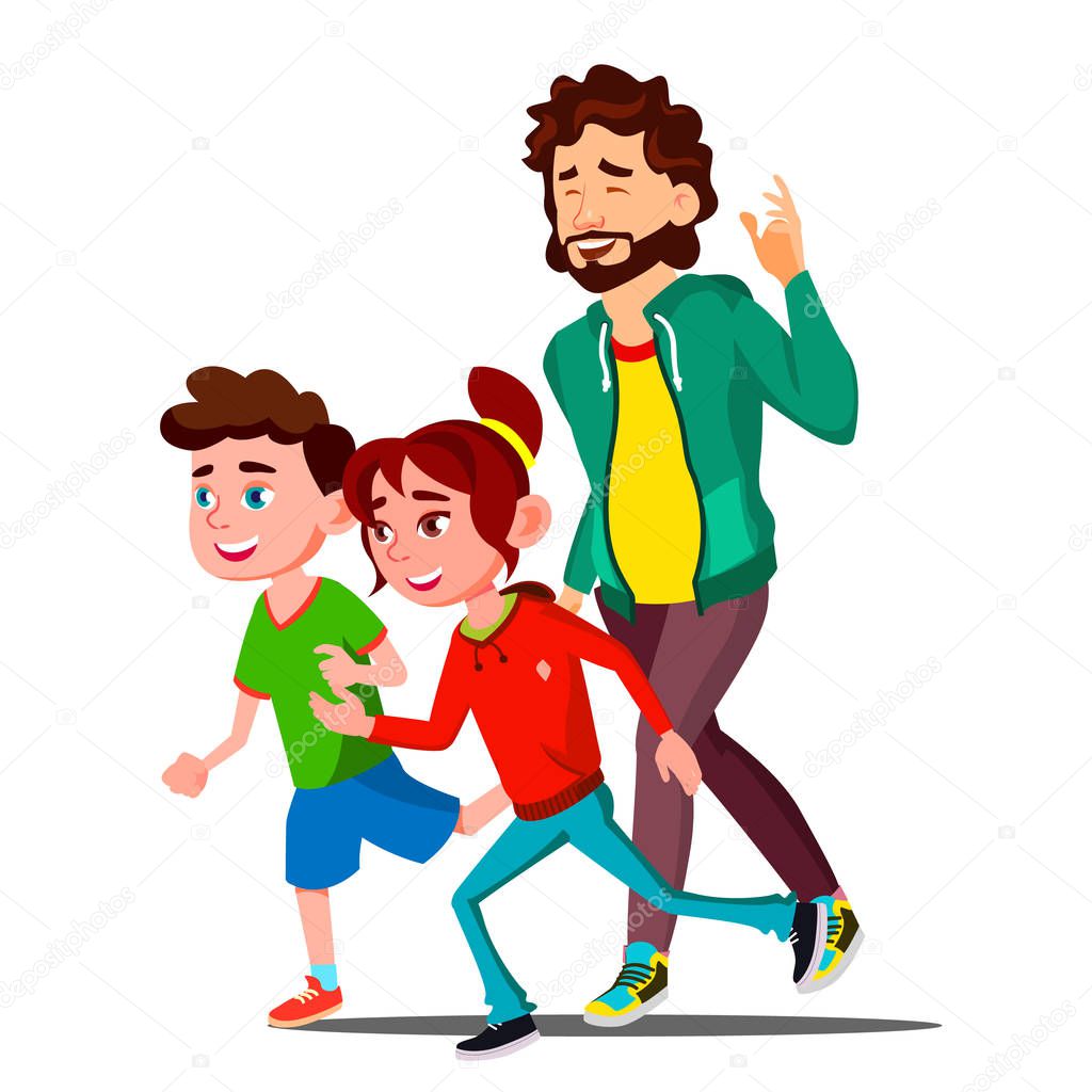 Young Sport Family With Children Running Vector. Isolated Illustration
