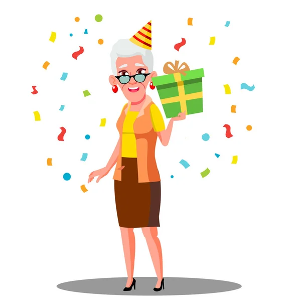 滑稽的老妇人庆祝生日在党帽和五彩纸屑向量。孤立插图 — 图库矢量图片