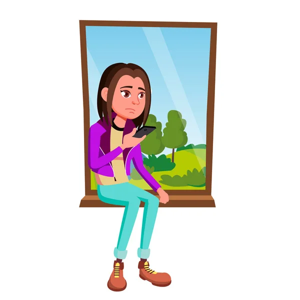 ウィンドウのベクトルに座っている女の子が悲しい。孤立した図 — ストックベクタ