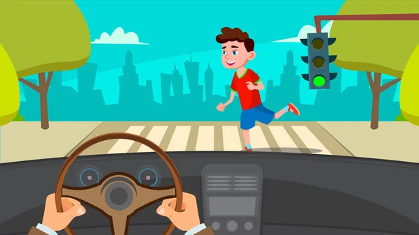 Küçük çocuk Runing araba A korkmuş sürücü vektör önünde yolun karşısında. İzole illüstrasyon — Stok Vektör