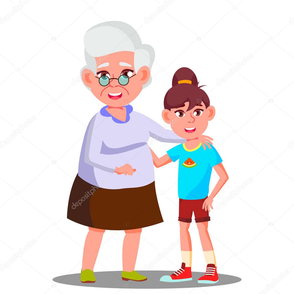 Happy Grandmother And Granddaughter Laughing In Harmony Vector. Isolated Illustration