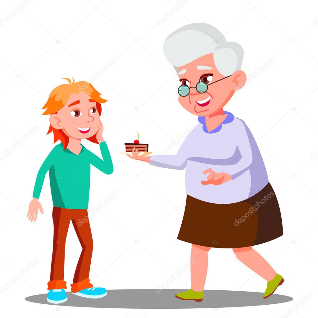 Old Woman Treating Little Child With Cookies Vector. Isolated Illustration