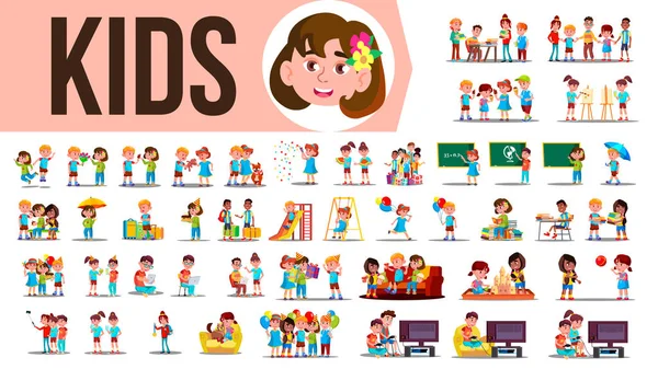 Kinderen kinderen Set Vector. Grappige familieleden tijd samen doorbrengen thuis, buiten. Levensstijl situaties. School, kleuterschool. Cartoon afbeelding — Stockvector