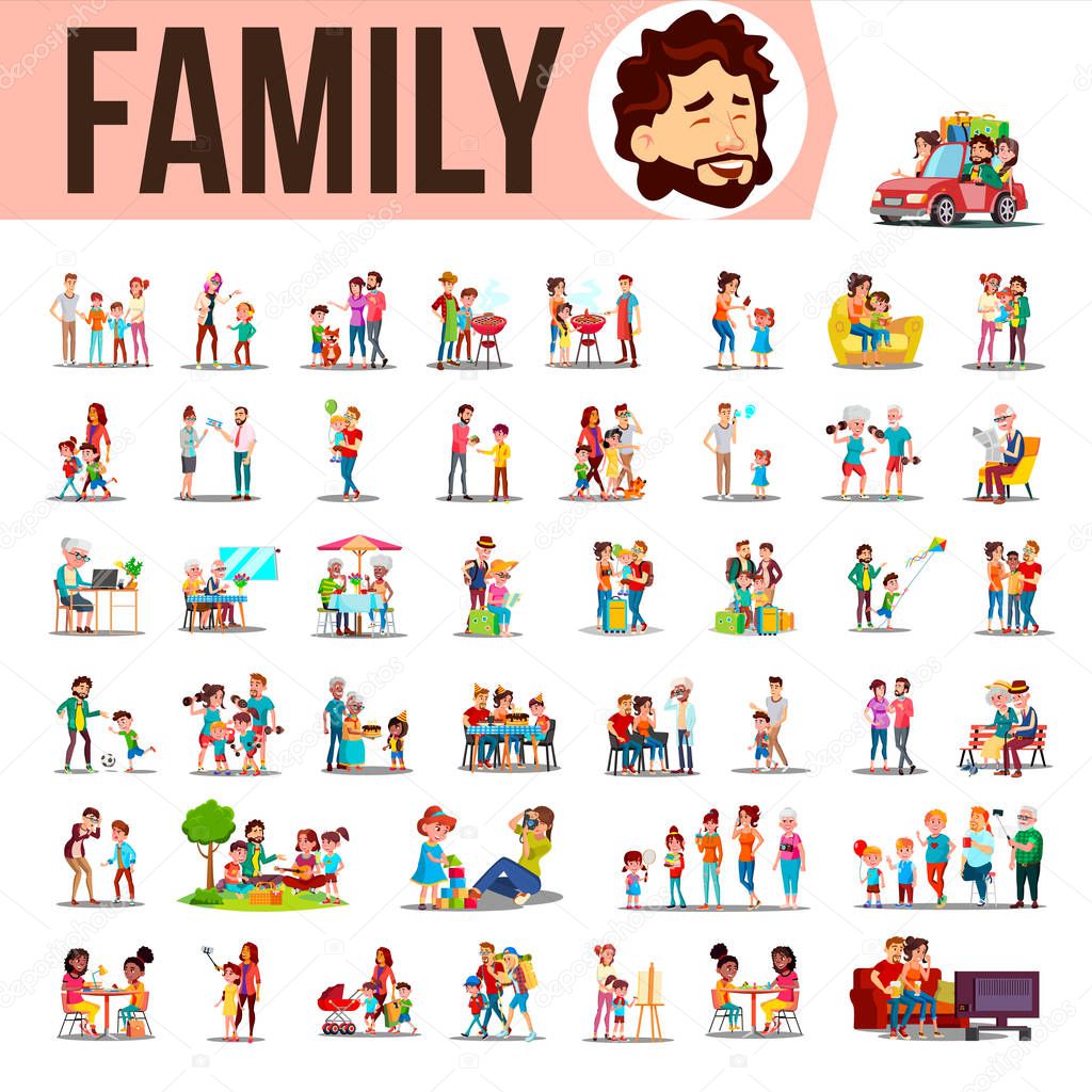 Family Set Vector. Lifestyle Situations. Spending Time Together At Home, Outdoor. Isolated Cartoon Illustration