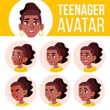 Genç kız Avatar Set vektör. Siyah. Afro Amerikalı. Yüz duygular. Düz, portre. Gençlik, beyaz. Karikatür Head illüstrasyon