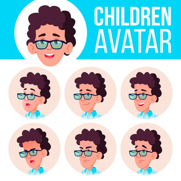 Boy Avatar Set Kid vektor. Střední škola. Tvář emoce. Děti. Krásné, vtipné. Kreslený obrázek hlavy — Stockový vektor