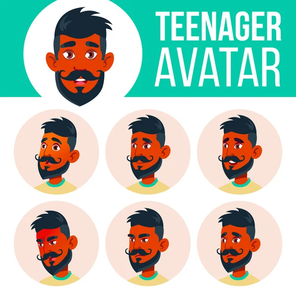 "Teen Boy Avatar Set Vector". Индиец, индус. Азиатка. Лицо эмоций. Выражение, позитивный человек. Красота, стиль жизни. Карикатурная голова — стоковый вектор