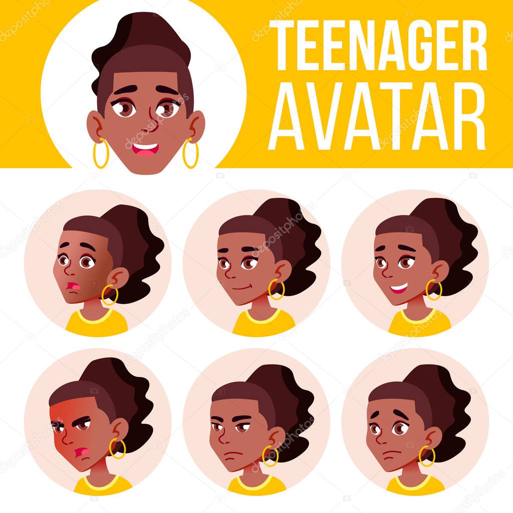 Teen Girl Avatar Set Vector. Black. Afro American. Face Emotions. Flat, Portrait. Youth, Caucasian. Cartoon Head Illustration