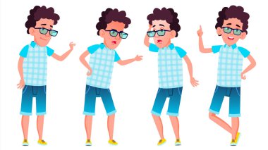 Çocuk okul çocuğu çocuk Set vektör teşkil etmektedir. Lise çocuk. Çocuk öğrenci. Etkin, neşe, eğlence. Tebrik, reklam için duyuru tasarım. İllüstrasyon izole karikatür