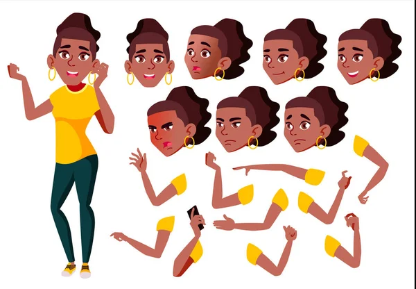 Adolescente Vector. Preto. Afro-americano. Adolescente. Pessoa Positiva. Emoções faciais, vários gestos. Conjunto de Criação de Animação. Ilustração de Personagem de Desenhos Animados Planos Isolados —  Vetores de Stock