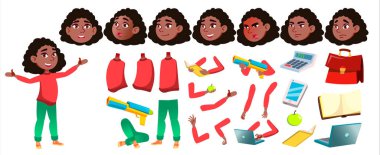 Kız kız öğrenci çocuk vektör. Siyah. Afro Amerikalı. Lise çocuk. Animasyon oluşturma küme. Duygular, hareketleri karşısında. Orta öğretim. Ders. Web, broşür, Poster Gösterim amacıyla