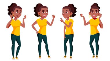 Genç kız Set vektör teşkil etmektedir. Siyah. Afro Amerikalı. Eğlenceli, neşeli. Web, Poster, kitapçık tasarımı için. İllüstrasyon izole karikatür