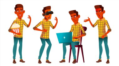 Genç çocuk Set vektör teşkil etmektedir. Hint, Hindu. Asya. Yetişkin insanlar. Rahat. Tebrik, reklam için duyuru tasarım. İllüstrasyon izole karikatür