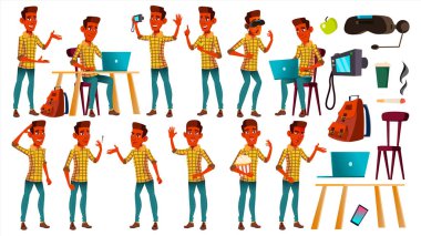 Genç çocuk Set vektör teşkil etmektedir. Hint, Hindu. Asya. Yüz. Çocuklar. Web, broşür, afiş tasarımı için. İllüstrasyon izole karikatür