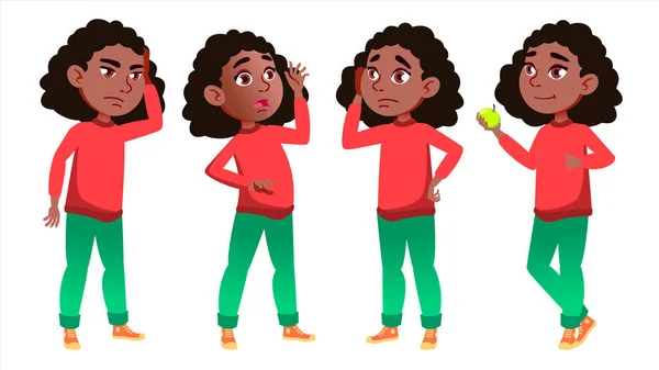 Girl Schoolgirl Kid Poses Set Vector. Black. Afro American. High School Child. Schoolchild. September, Schoolchildren, Teen. For Web, Poster, Booklet Design. Isolated Cartoon Illustration — Stock Vector