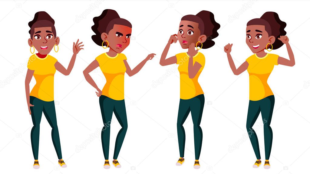 Teen Girl Poses Set Vector. Black. Afro American. Adult People. Casual. For Advertisement, Greeting, Announcement Design. Isolated Cartoon Illustration