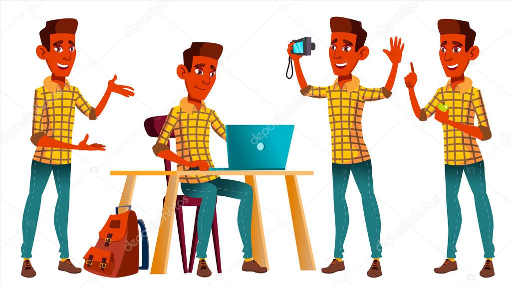 Teen Boy Poses Set Vector. Indian, Hindu. Asian. Fun, Cheerful. For Web, Poster, Booklet Design. Isolated Cartoon Illustration