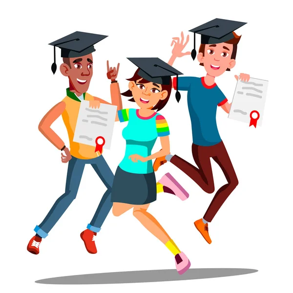 Group Of Happy Students In Graduation Caps Jumping Together Vector. Isolated Illustration — Stock Vector