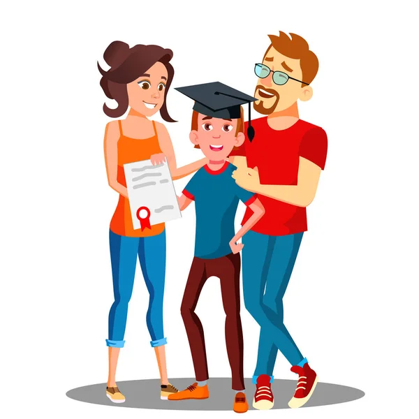 Happy Parents Standing Behind The Student With Diploma And Graduate Cap Vector. Isolated Illustration — Stock Vector