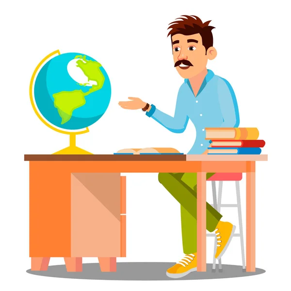 Profesor de Geografía en Gafas Sentado a la Mesa con Libros y Globo Vector. Ilustración aislada — Vector de stock