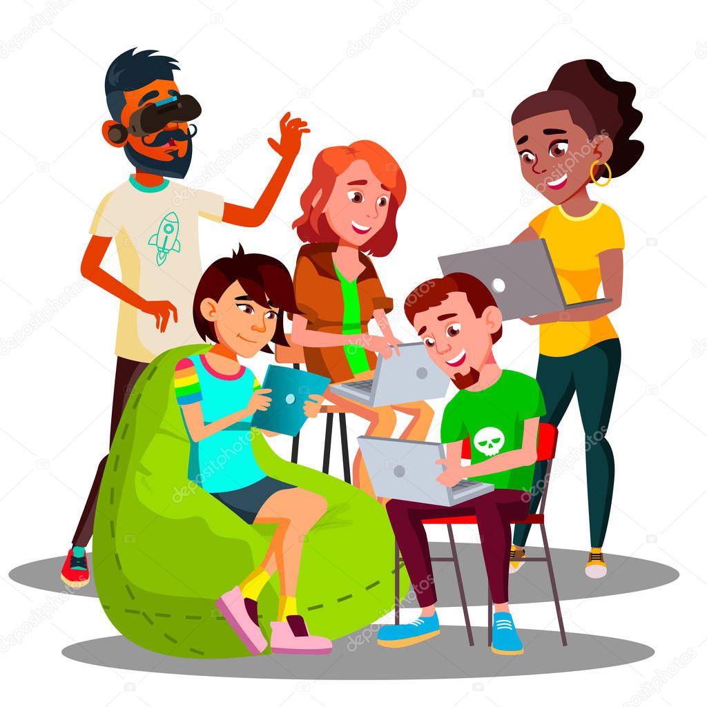 Sitting Students With Laptops And Smartphones In Wi-Fi Zone Vector. Isolated Illustration
