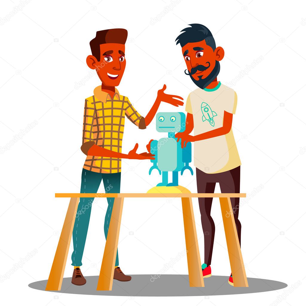 Two Smart Students Constructing A Robot In Classroom Vector. Isolated Illustration