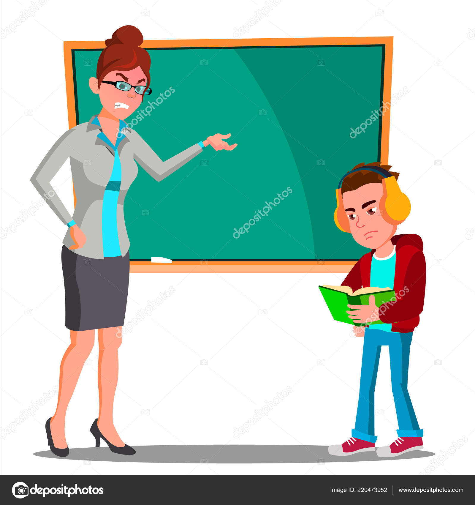 Angry Teacher At The Blackboard, The Child At Desk Looking Into The Book  With Headphones Vector. Isolated Illustration Stock Vector Image by  ©pikepicture #220473952