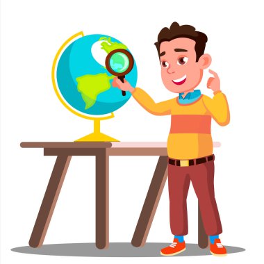 Büyüteç Camı Globe, coğrafya ders vektör arayan öğrenci. İllüstrasyon