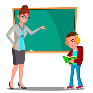 Blackboard, çocuk masasında kulaklık vektör kitapla bakarak kızgın öğretmen. İzole illüstrasyon