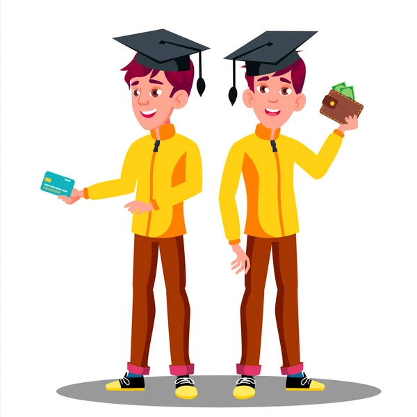 Улыбающийся студент в выпускной шапке с кредиткой и бумажником в руке вектор. Изолированная иллюстрация — стоковый вектор