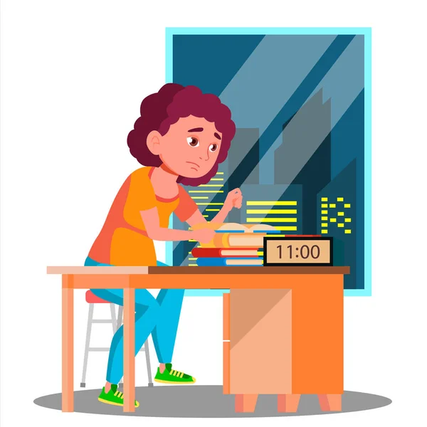 Tired Girl Preparing For The Exam At Night Vector. Isolated Illustration — Stock Vector