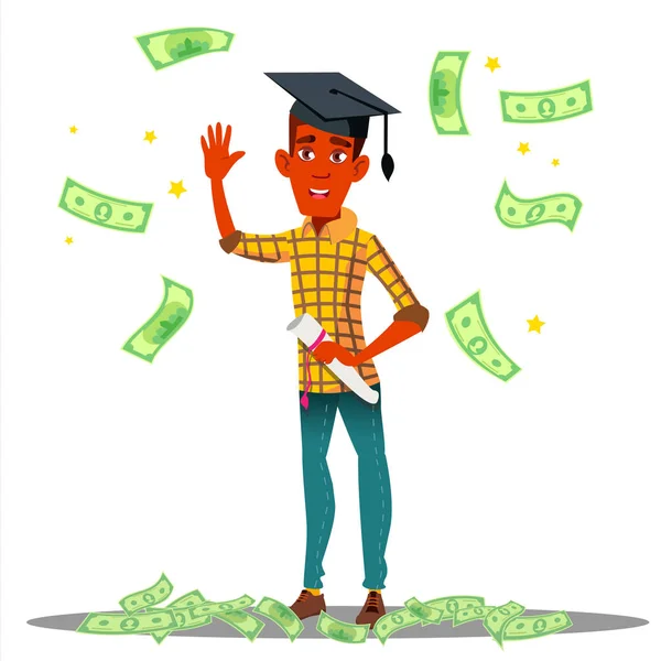 Falling Money On Smiling Student In Graduate Cap With Diploma Vector. Isolated Illustration