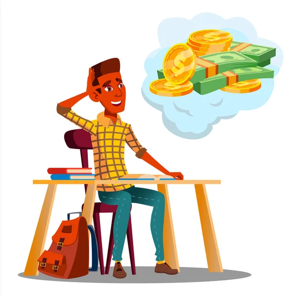 Estudiante sentado en la mesa con libros y pensando en el vector de dinero. Ilustración aislada — Vector de stock