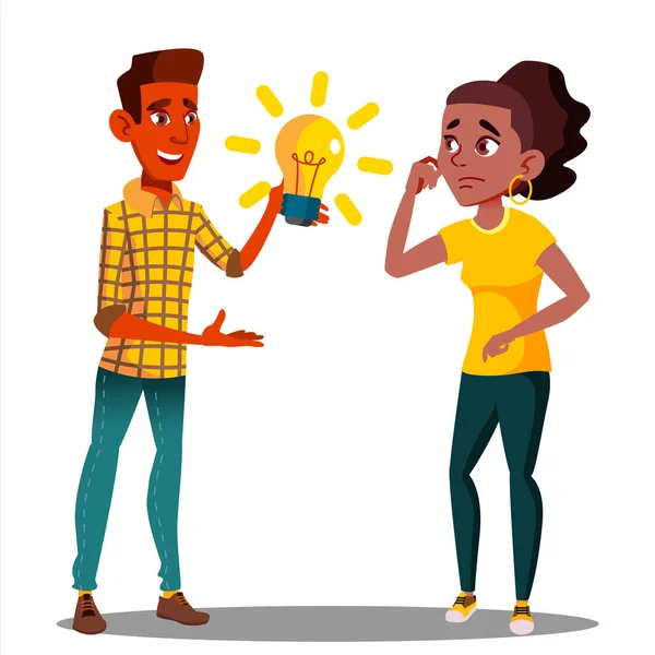 Submit An Idea, One Student Pulls A Glowing Light Bulb To Another Student Vector. Isolated Illustration — Stock Vector