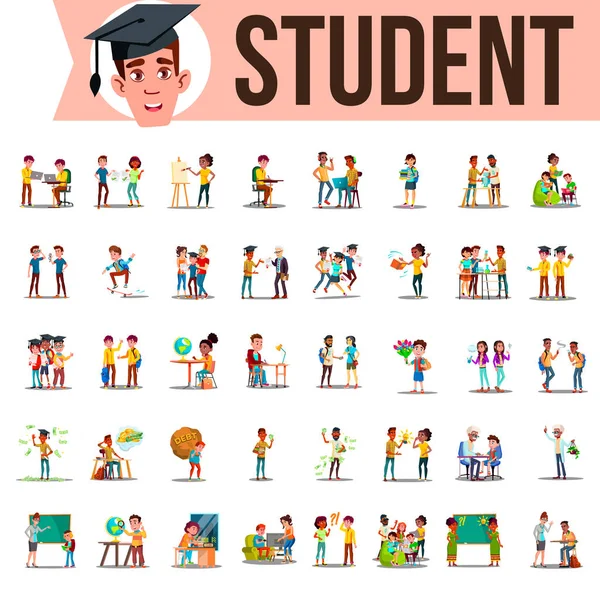 Conjunto de Estudantes Vector. Situações de Estilo de Vida. Passar o tempo, Na faculdade, Universidade, Campus, Escola, Casa, Ao ar livre. Ilustração de desenhos animados isolados —  Vetores de Stock