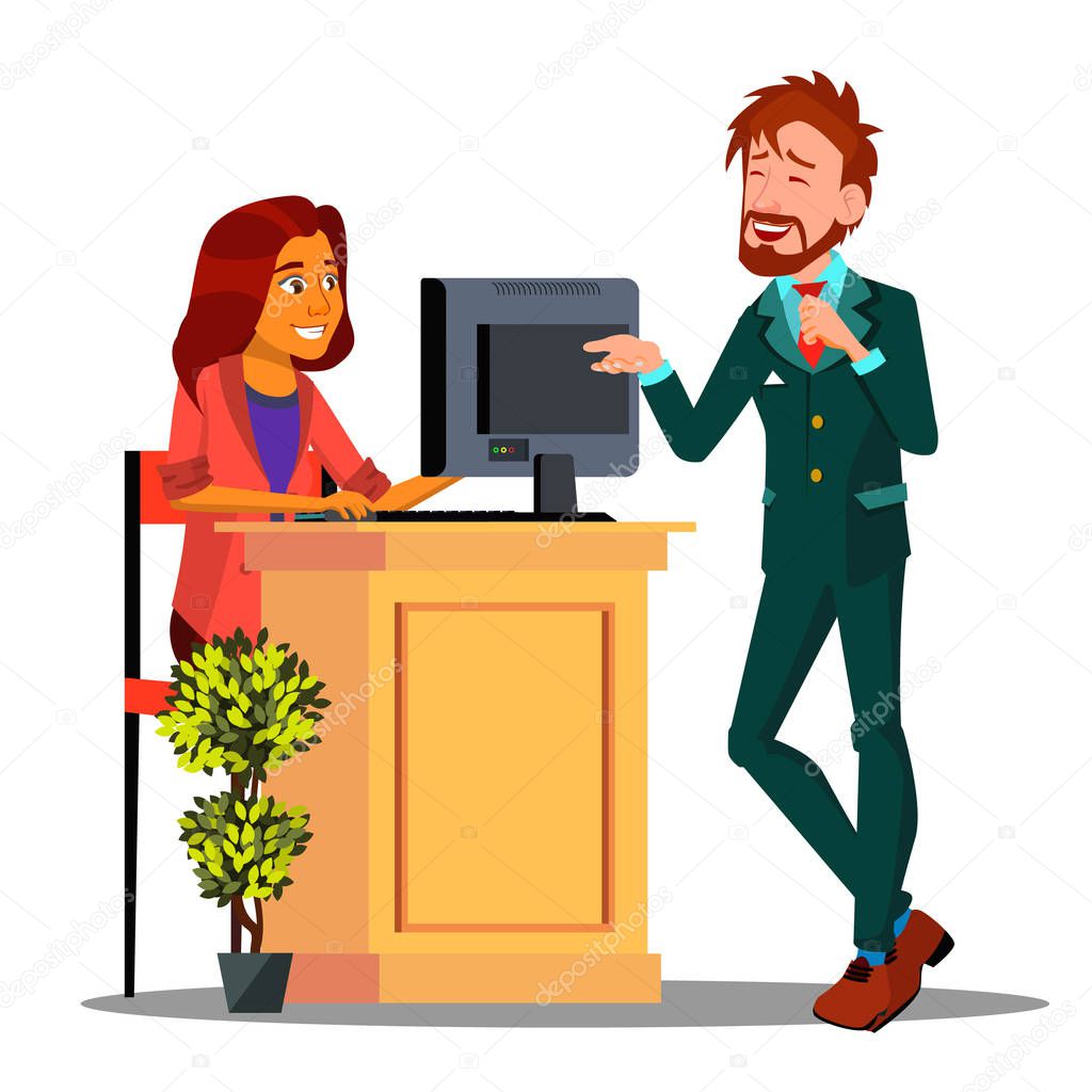 Reception, Cute Girl Behind The Desk Reception Meeting The Guest Vector. Isolated Illustration