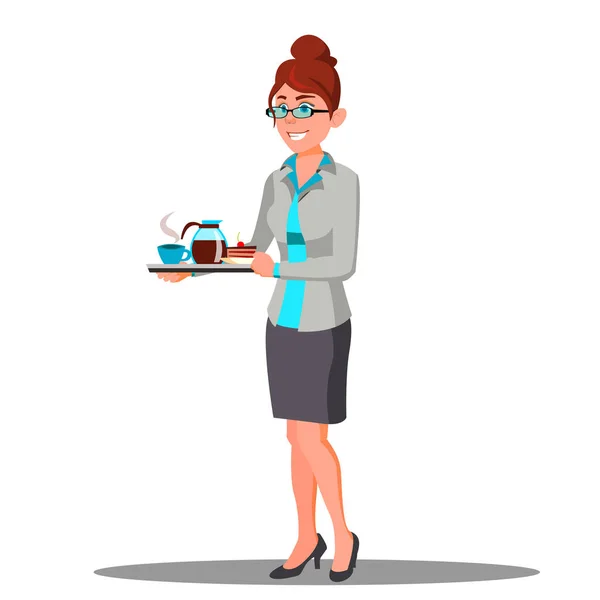 Secretary Girl In Suit Carrying A Cups Of Coffee On A Tray Vector. Isolated Illustration — Stock Vector