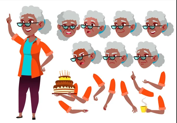 Anciana Vector. Persona mayor. Negro. Afroamericano. Ancianos, personas mayores. Belleza, estilo de vida. Emociones faciales, varios gestos. Conjunto de Creación de Animación. Ilustración plana aislada del carácter de la historieta — Archivo Imágenes Vectoriales