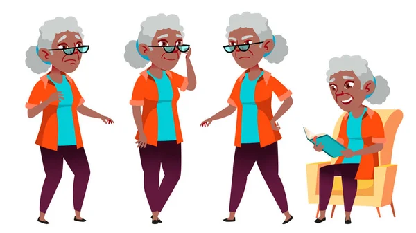 Wanita tua Poses Set Vector. Hitam. Afro Amerika. Orang tua. Orang Senior. Berusia. Pensiunan yang lucu. Bersenang-senang. Kartu pos, Pengumuman, Desain Sampul. Ilustrasi Kartun Terisolasi - Stok Vektor