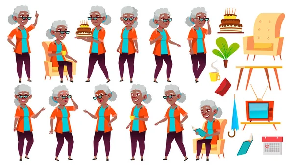 Old Woman Poses Set Vector. Black. Afro American. Elderly People. Senior Person. Aged. Positive Pensioner. Advertising, Placard, Print Design. Isolated Cartoon Illustration — Stock Vector